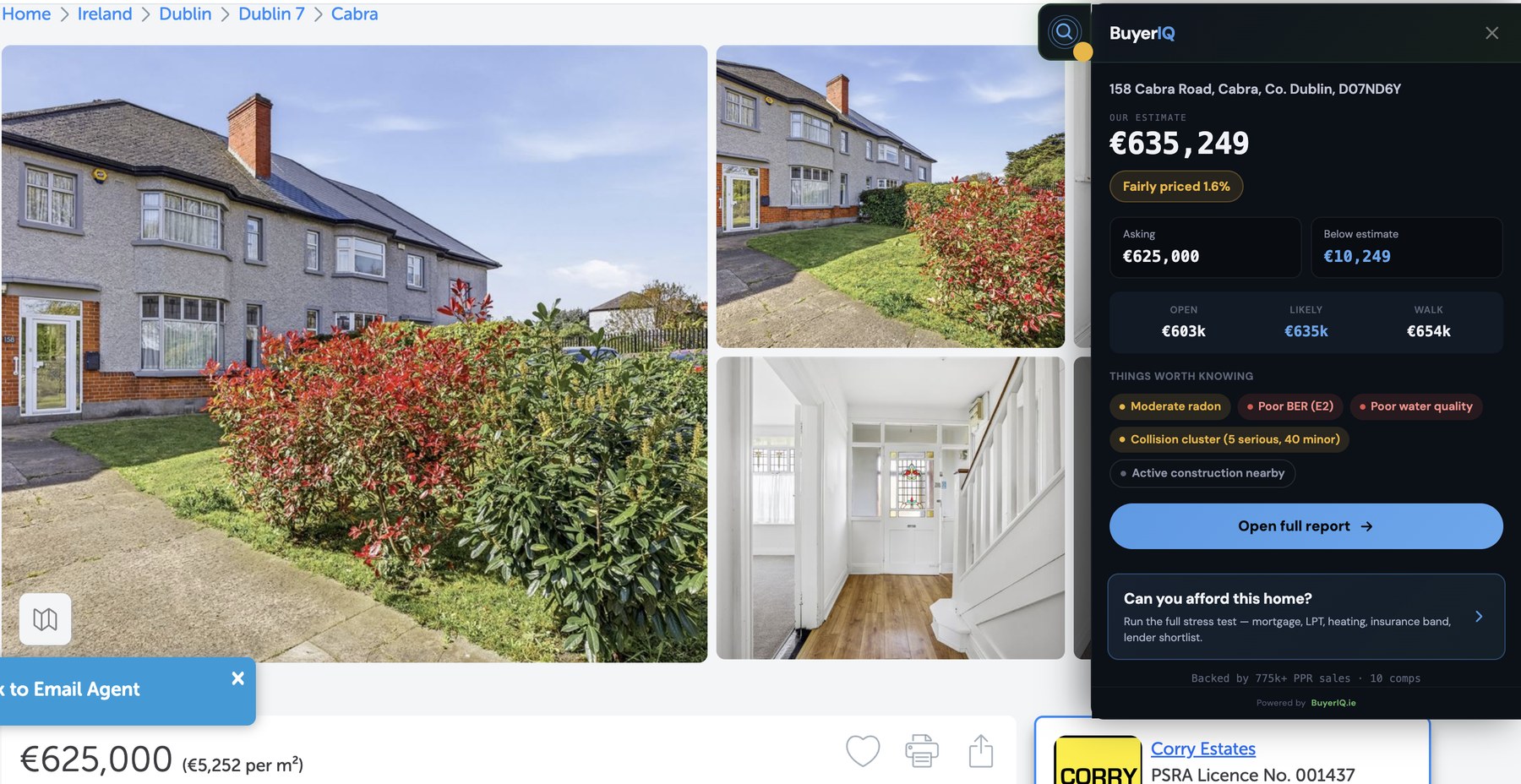 The BuyerIQ extension open over a Daft listing for 158 Cabra Road, showing an estimate of €635,249 against a €625,000 asking price, an offer range, and flags for radon, BER and water quality